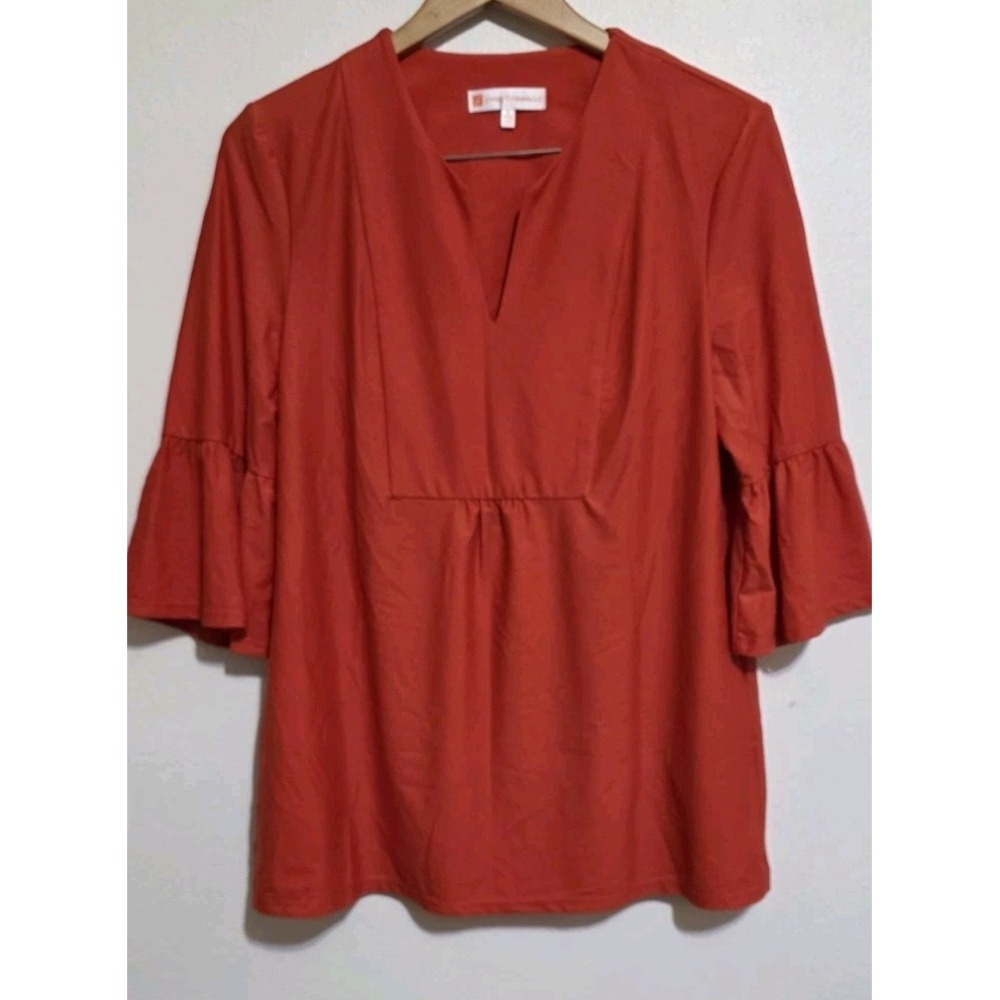 New Jude Connally Red S Tunic 3/4 Sleeve Woman S Vneck Blouse Top Ruffle Hem